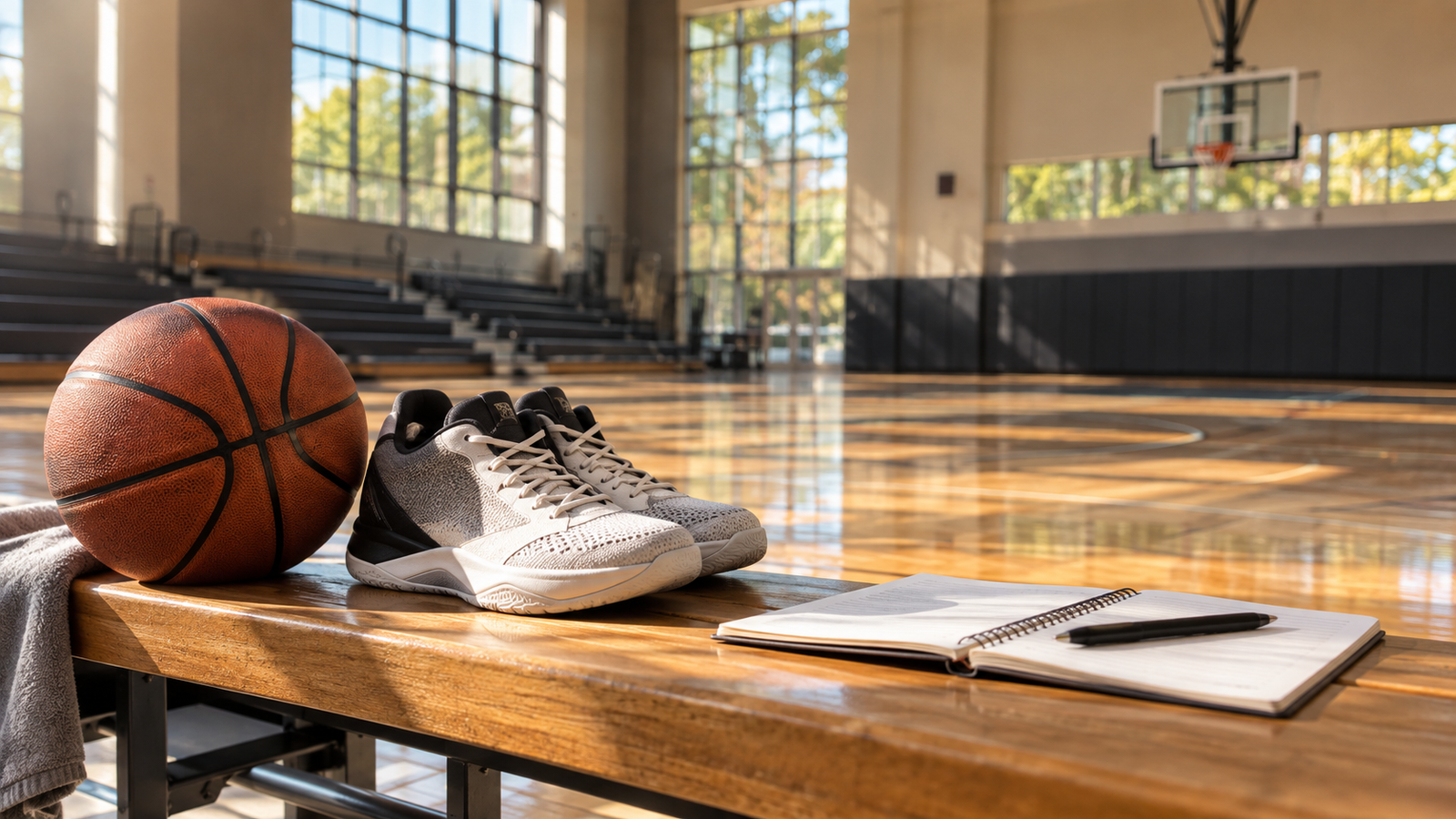 Basketball, unbranded shoes and a notebook arranged on a sunlit campus gym bench.